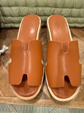 Hermes Tan Leather Slide Sandals